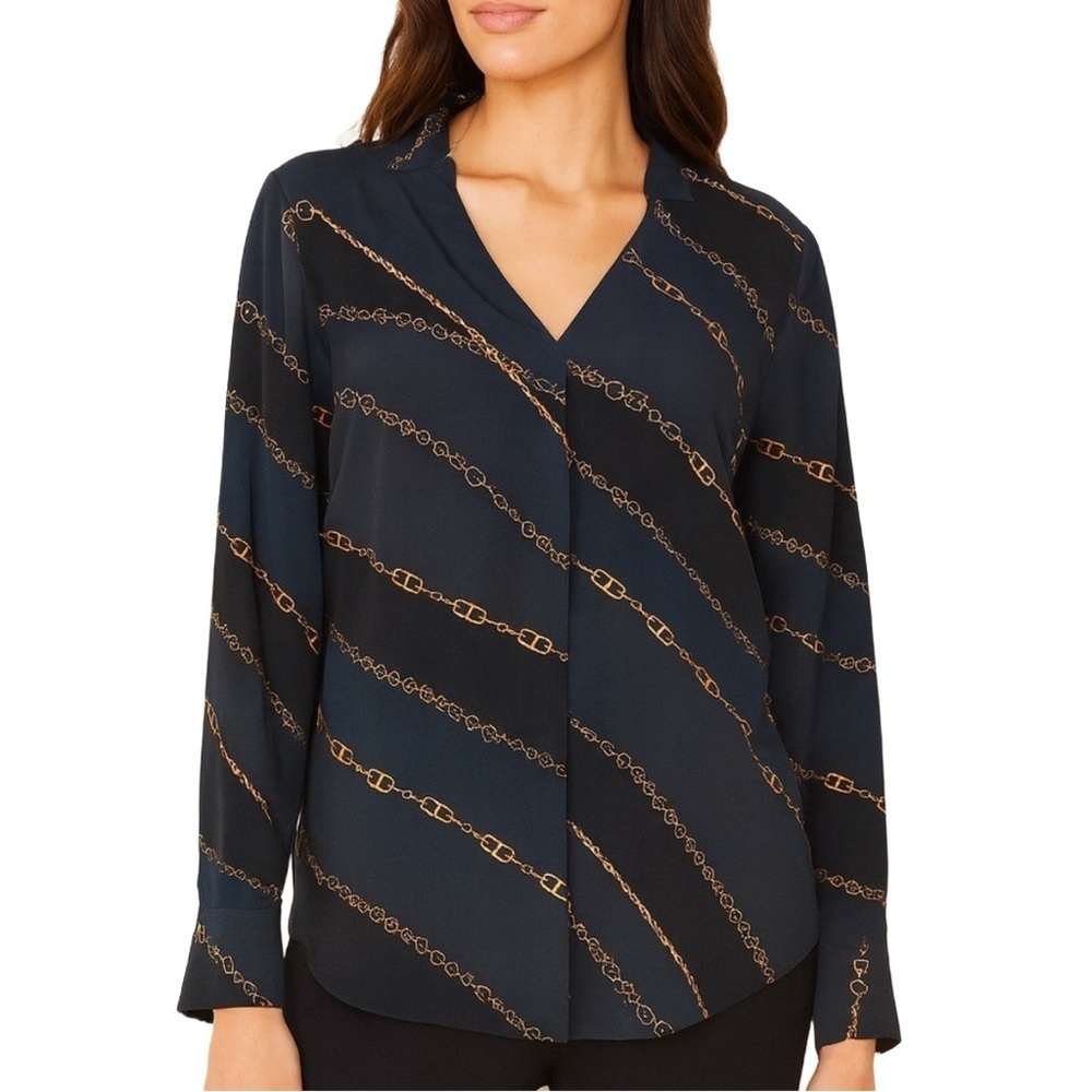Ann Taylor Navy Blouse with Gold Chain Print